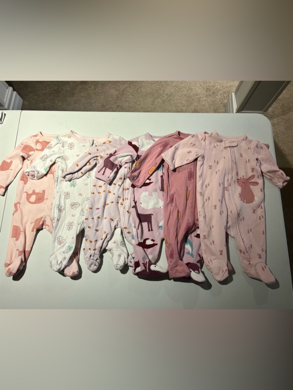 0-3/3mos Baby Girl Footed Sleeper Bundle - 6 items. Petit Lem, Disney & Carter’s
